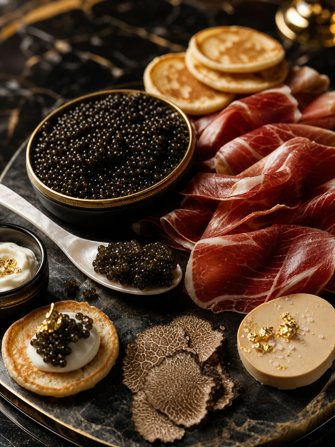 Caviar, jamón ibérico, blinis y foie con pan de oro sobre mármol negro