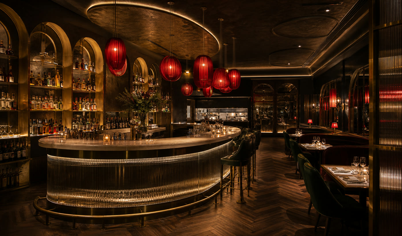 Bar y restaurante de lujo con iluminación cálida