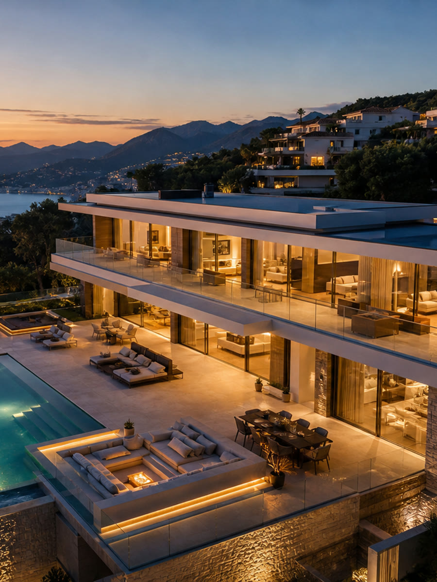 Villa de lujo con piscina infinita sobre la costa al atardecer